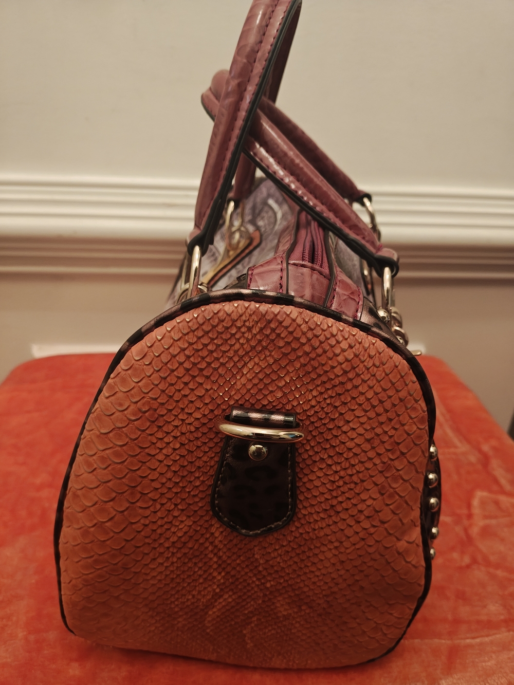 Nicole Lee London Print Dome Satchel - Maroon, Tan & Gold Accents - Picture 3 of 9